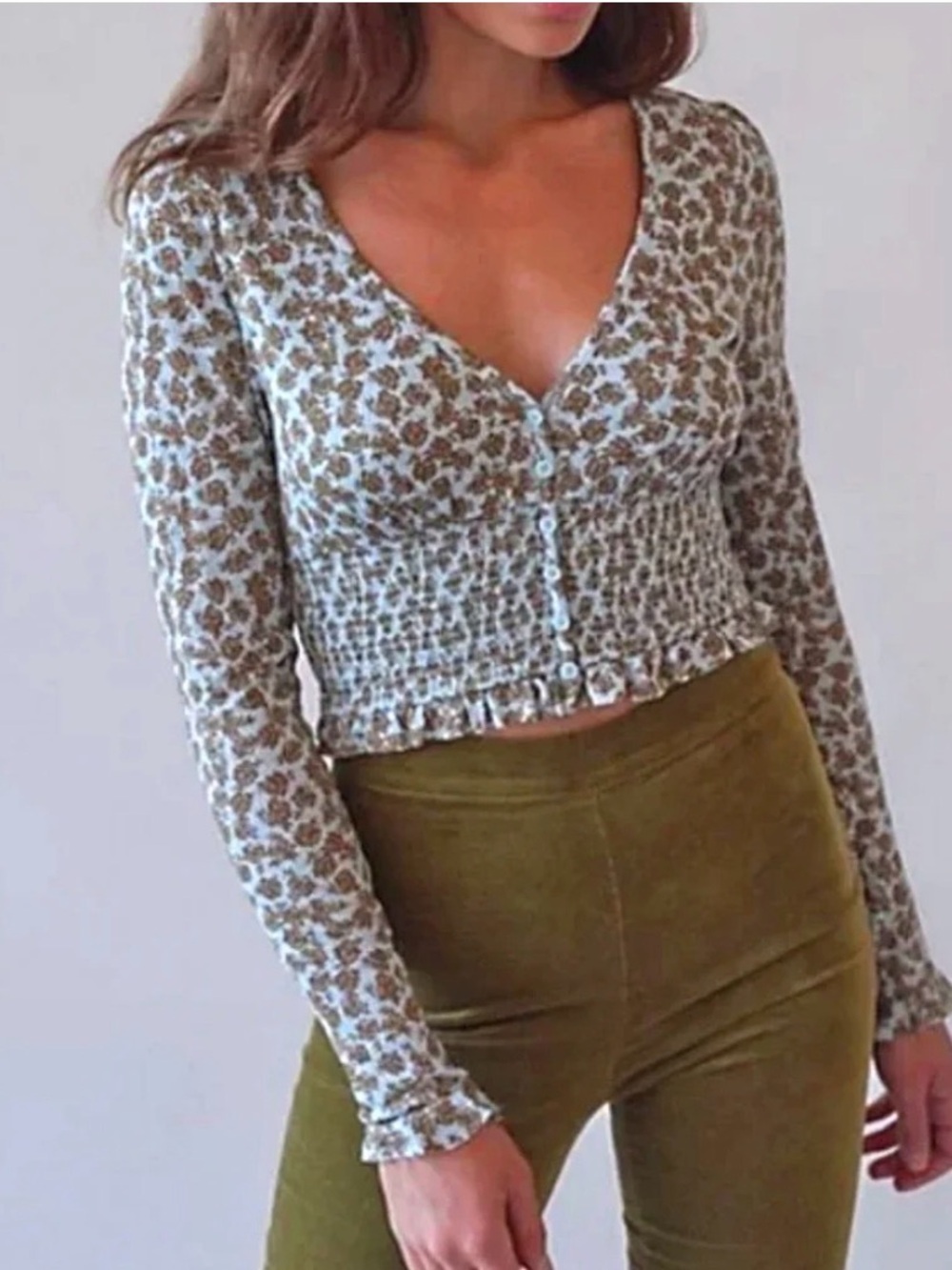 Urban Outfitters Floral Smocked V‑Neck Crop Top in Blue & Brown
